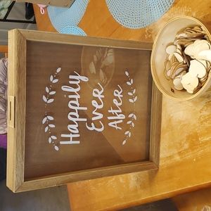 Rustic wedding guest book drop box with wood hearts